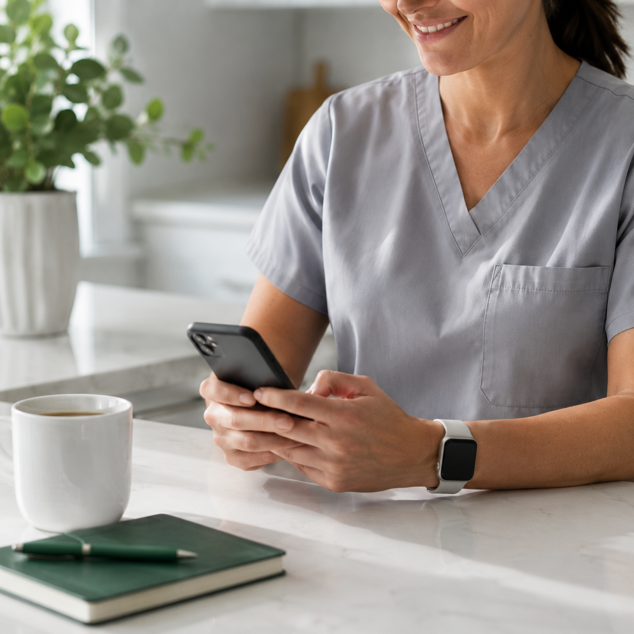 Clinician using a phone between visits